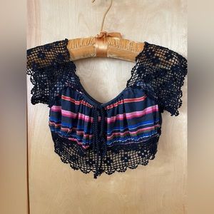 NWOT! Free People lace crochet striped top. Drawstring front neck. Buttons!